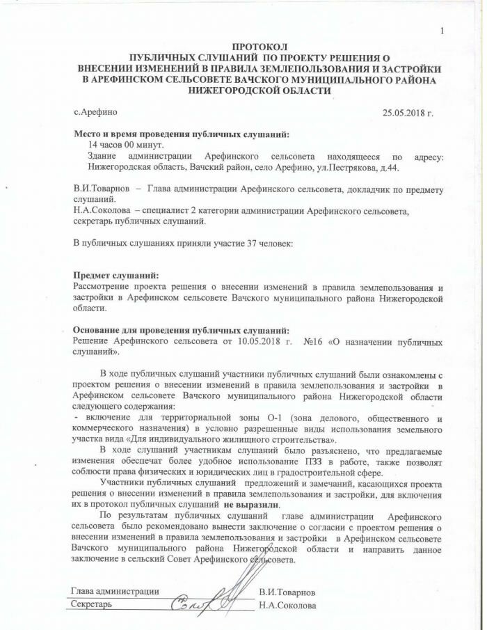 Протокол публичных слушаний по проекту решения о внесении изменений в ПЗЗ Арефинского сельсовета