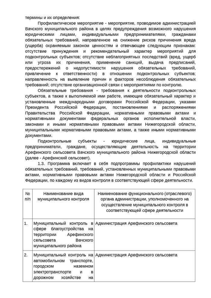 Об утверждении Программы профилактики рисков причинения вреда (ущерба) охраняемым законом ценностям на территории Арефинского сельсовета Вачского муниципального района Нижегородской области на 2022 год