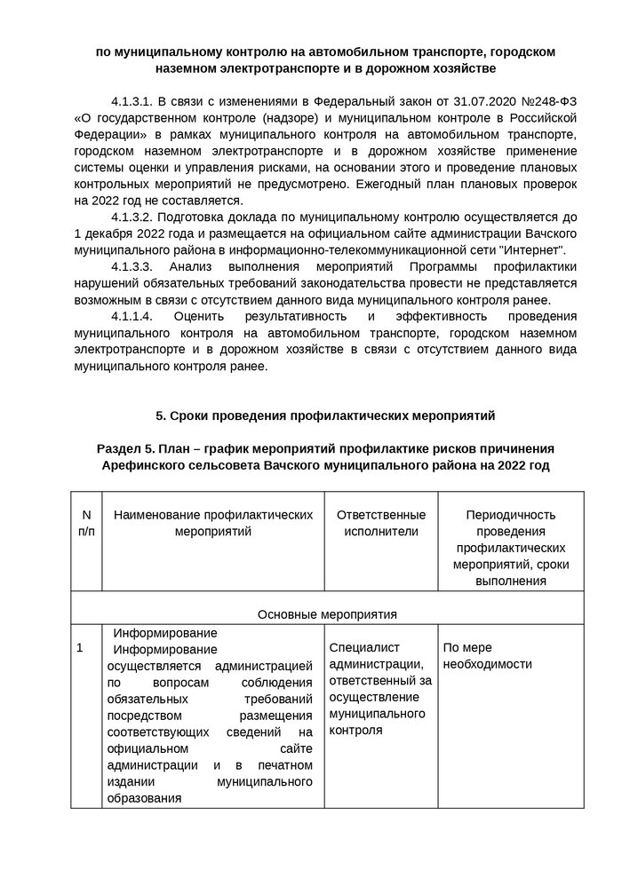 Об утверждении Программы профилактики рисков причинения вреда (ущерба) охраняемым законом ценностям на территории Арефинского сельсовета Вачского муниципального района Нижегородской области на 2022 год